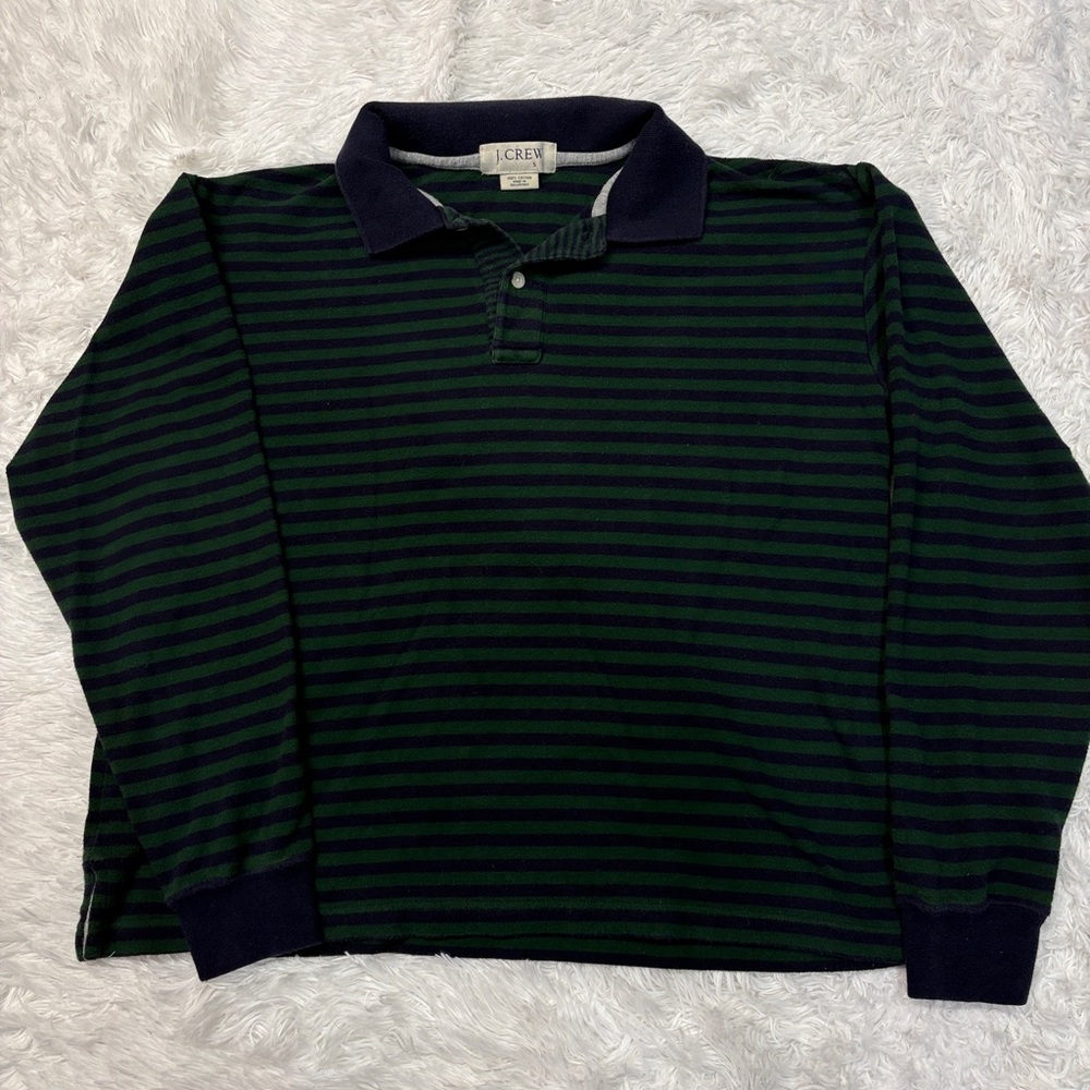 J.Crew Cotton Navy & Green Striped Long Sleeve Polo Shirt